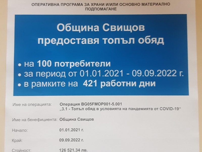 До 09.09.2022 г. се удължава срокът на предоставяне на услугата ”Топъл обяд” в община Свищов 